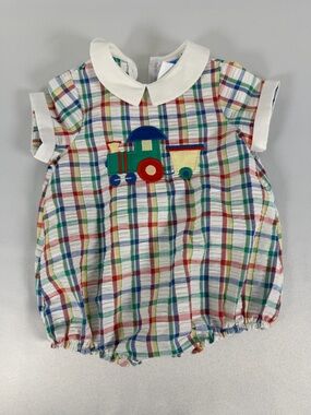 Vintage Toddle Tyke Plaid Romper One-Piece 6 Months Embroidered Train
